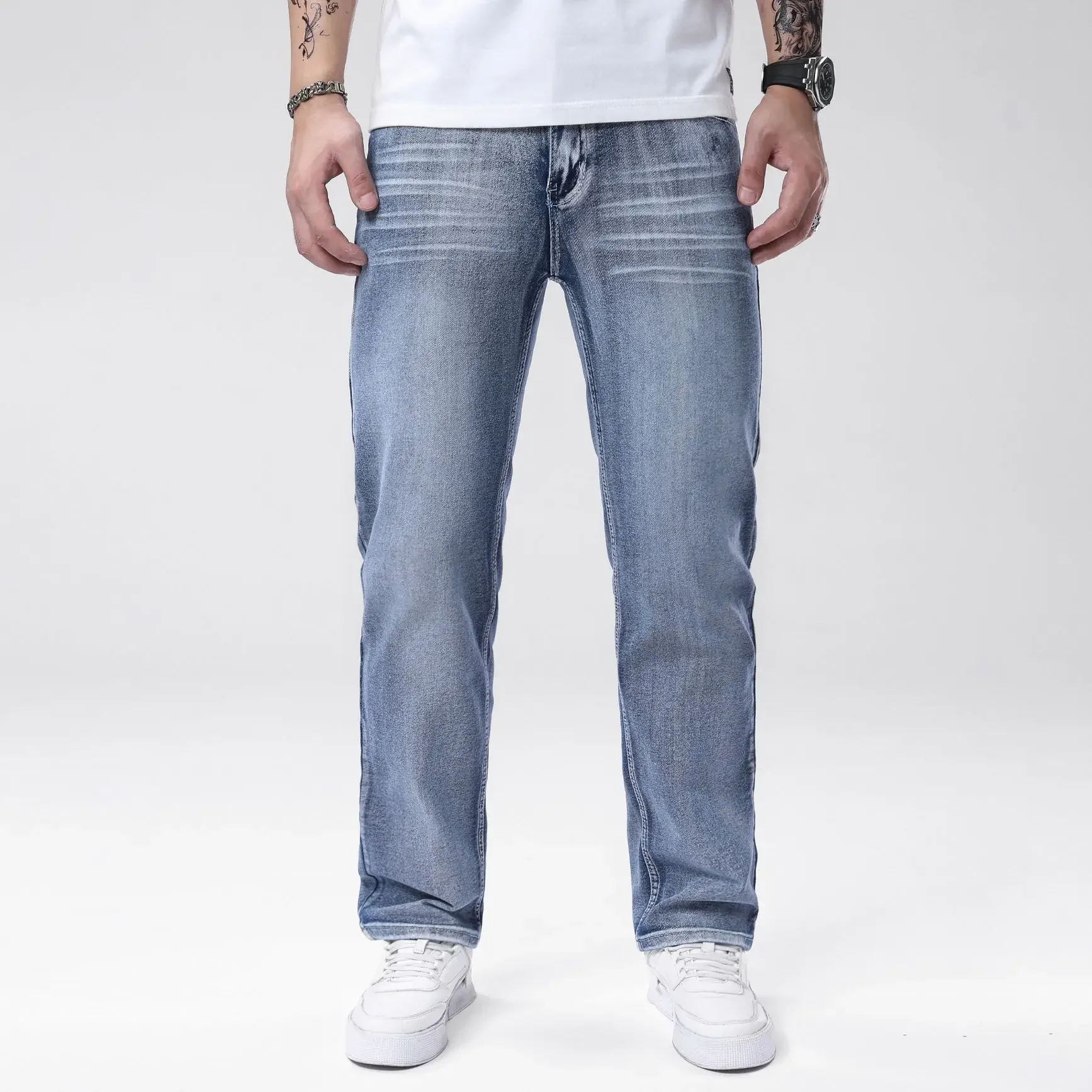 

Men's Four Seasons Jeans Elastic Simple Denim Straight Leg Pants Light Blue Slim Fit Men's Pants