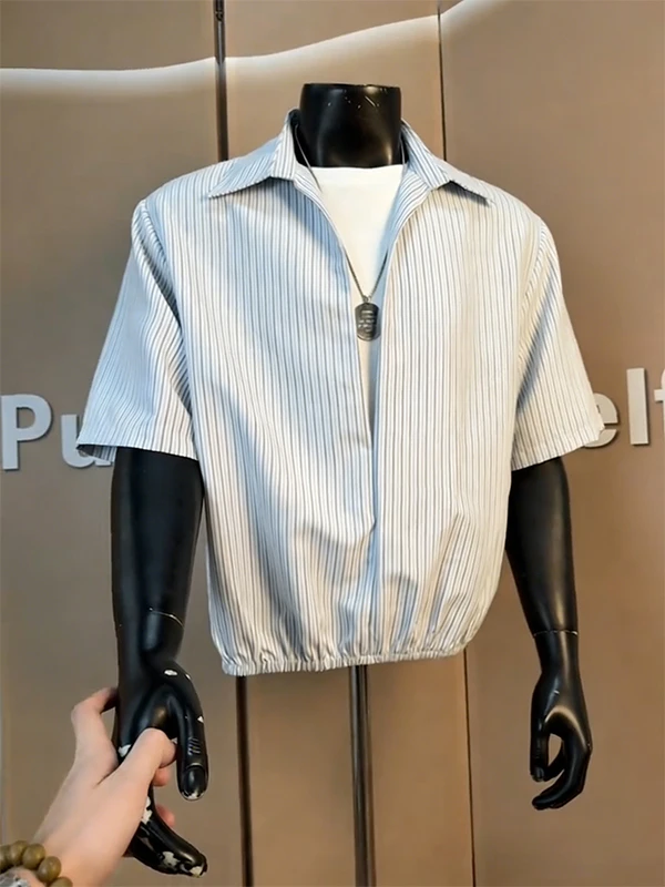 Men's Summer Thin Ice Silk Short Sleeve Shirt Jacket Design Sense False Two-Piece Striped Color Block Casual Style Polyester ...