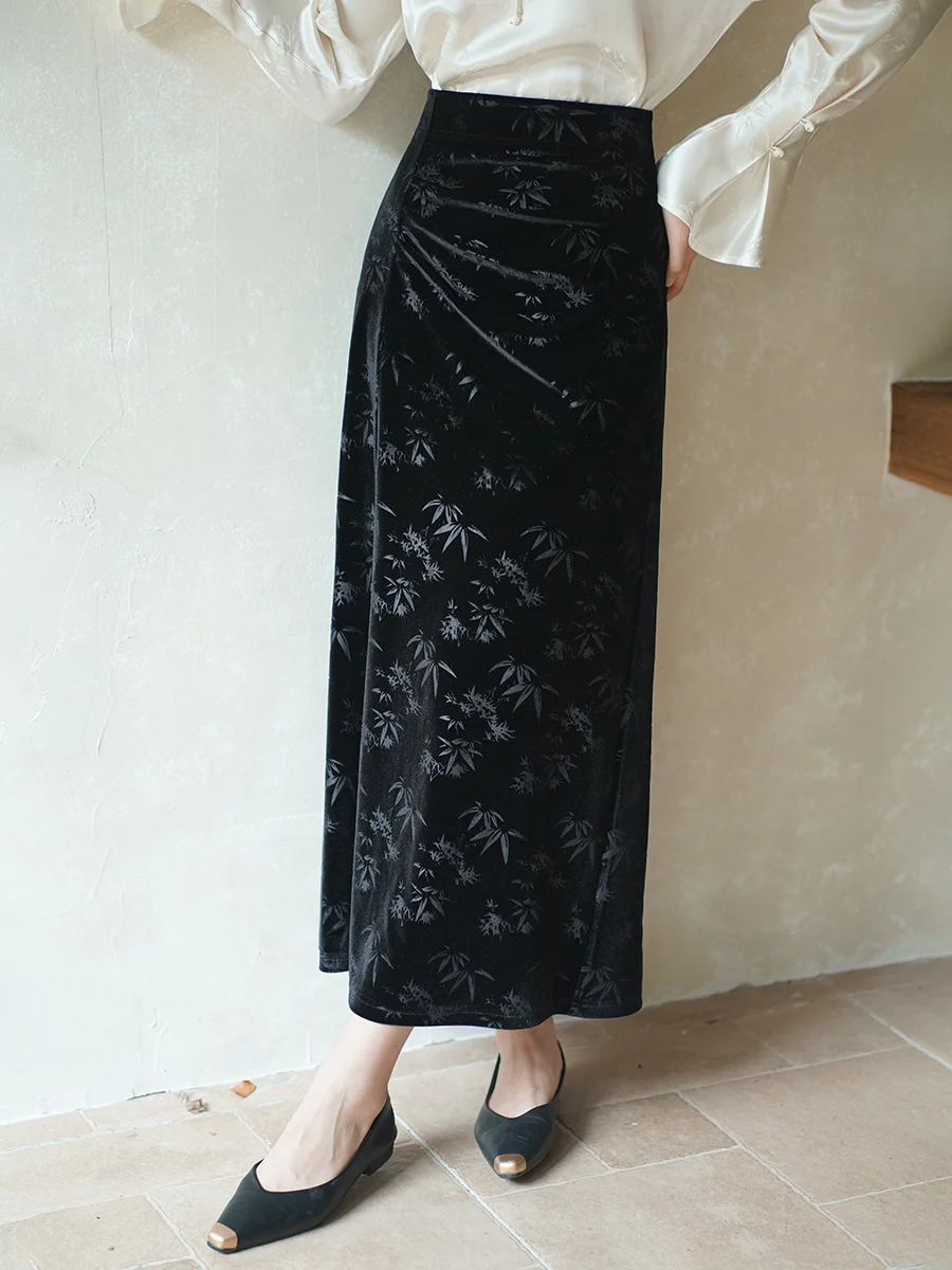 

Chic Chinese Sle Velvet Skirt High Waist Straight Cut Floral Emed Women's Faion Autumn Winter Bla Long Skirt
