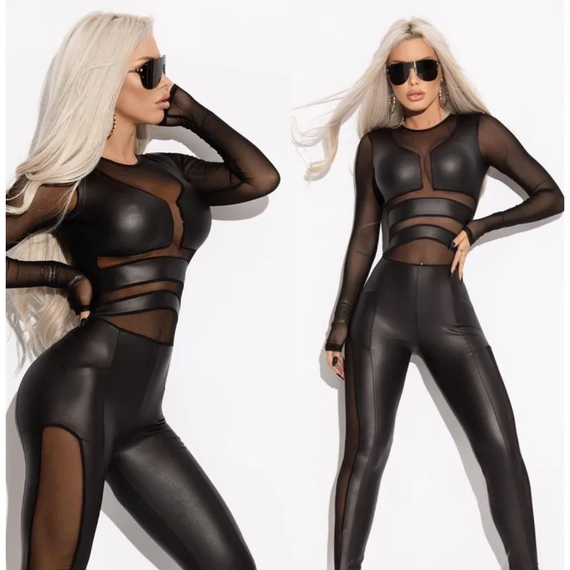 Hot Girl Black Pu Jumpsuits for Women Stylish Skinny Patchwork Mesh Sexy O-neck Long Sleeve Out Going Long Jumpsuit 93128