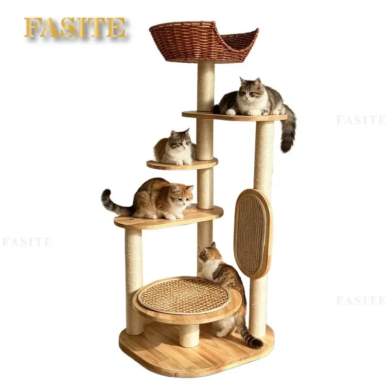 Solid Wood Floor to Ceiling Cat Tree Multi Layer Spiral Climbing Frame with Scratching Posts Interactive Play Tower for