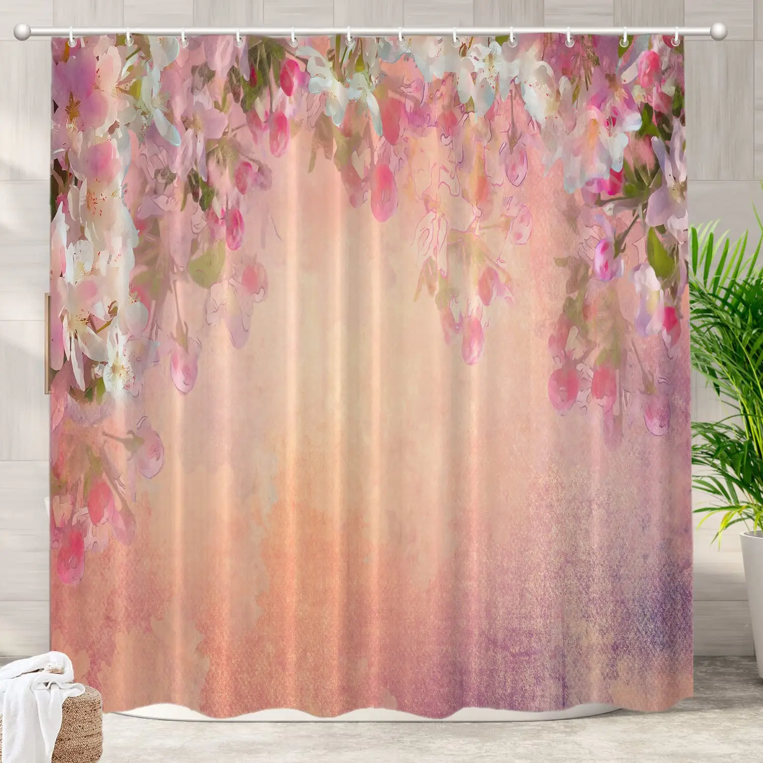 Cherry Blossom Vintage Shower Curtain, Watercolor Blossom Blooming Japanese Cherry Tree Pink Flower Waterproof Bathroom Curtains