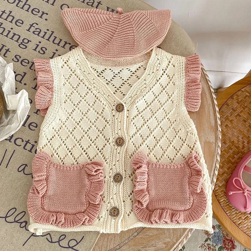 

Autumn Sweet Baby Boys Girls Sleeveless V-neck Hollow Out Vest Cardigan Coat Infant Kids Baby Girls Knitted Cardigan Coat 0-3Yrs