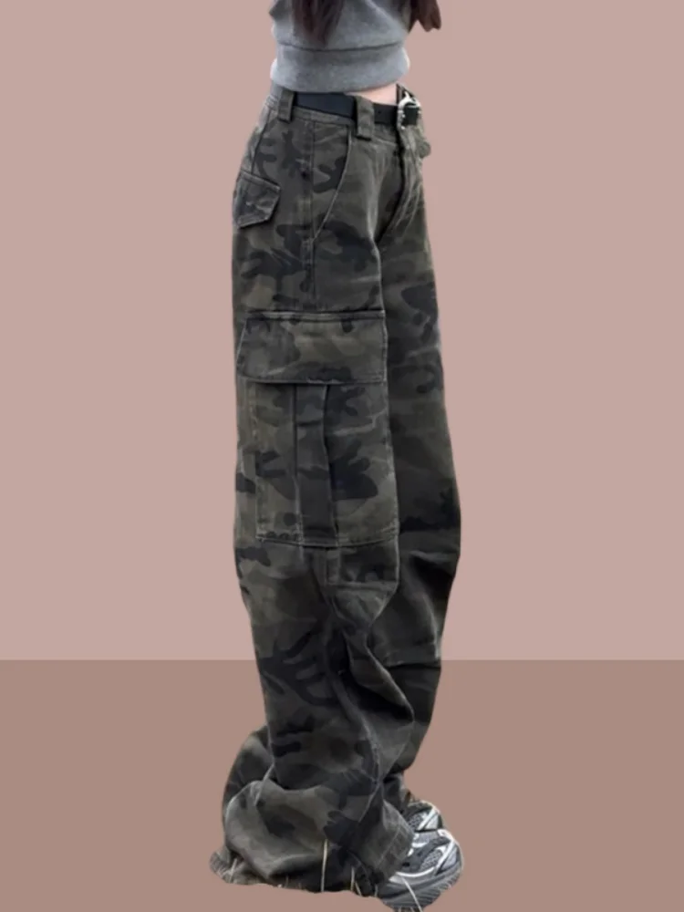 American Style Camouflage Workwear Jeans Women's High Waist Multi-Pocket Wide Leg Hiking Pants Autumn New Retro Commute Style