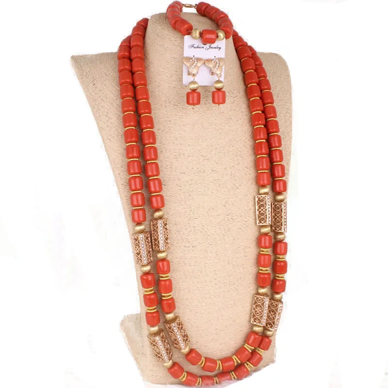 Dudo African Artificail Coral Beads 36 Inches Men's Nigerian Weddings Jewelry Set 2023 Traditional Design