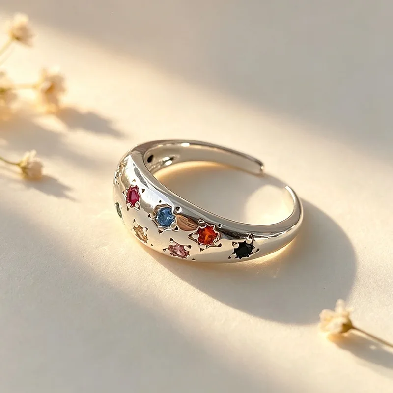 Shining Colored Zircon Stars 925 Sterling Silver Fine Resizable Opening Ring For Women Fine Luxury Jewelry RI1403