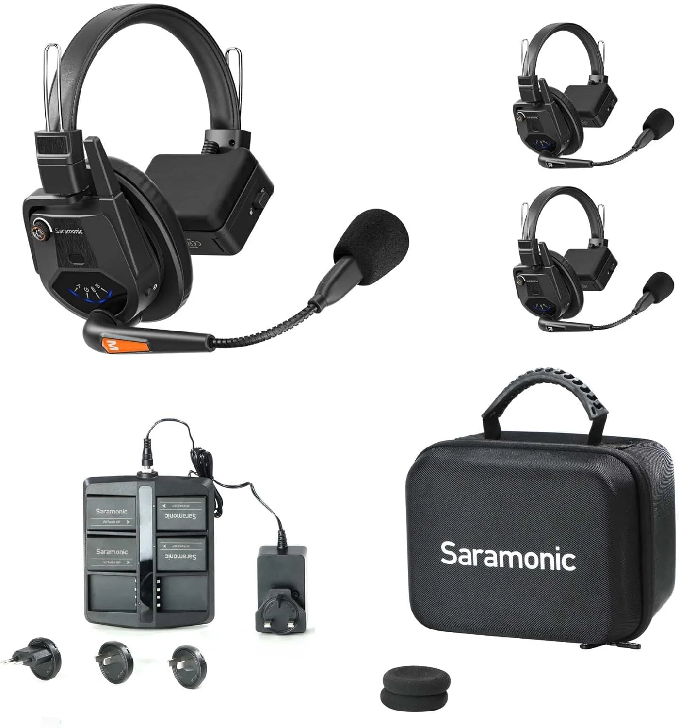 Saramonic WiTalk9-2S Walkie Talkie Full-Duplex de 1,9 GHz para 2 personas, alcance de 500 m ampliable para 30 usuarios, 4 baterías, estuche cargador de 6 bahías