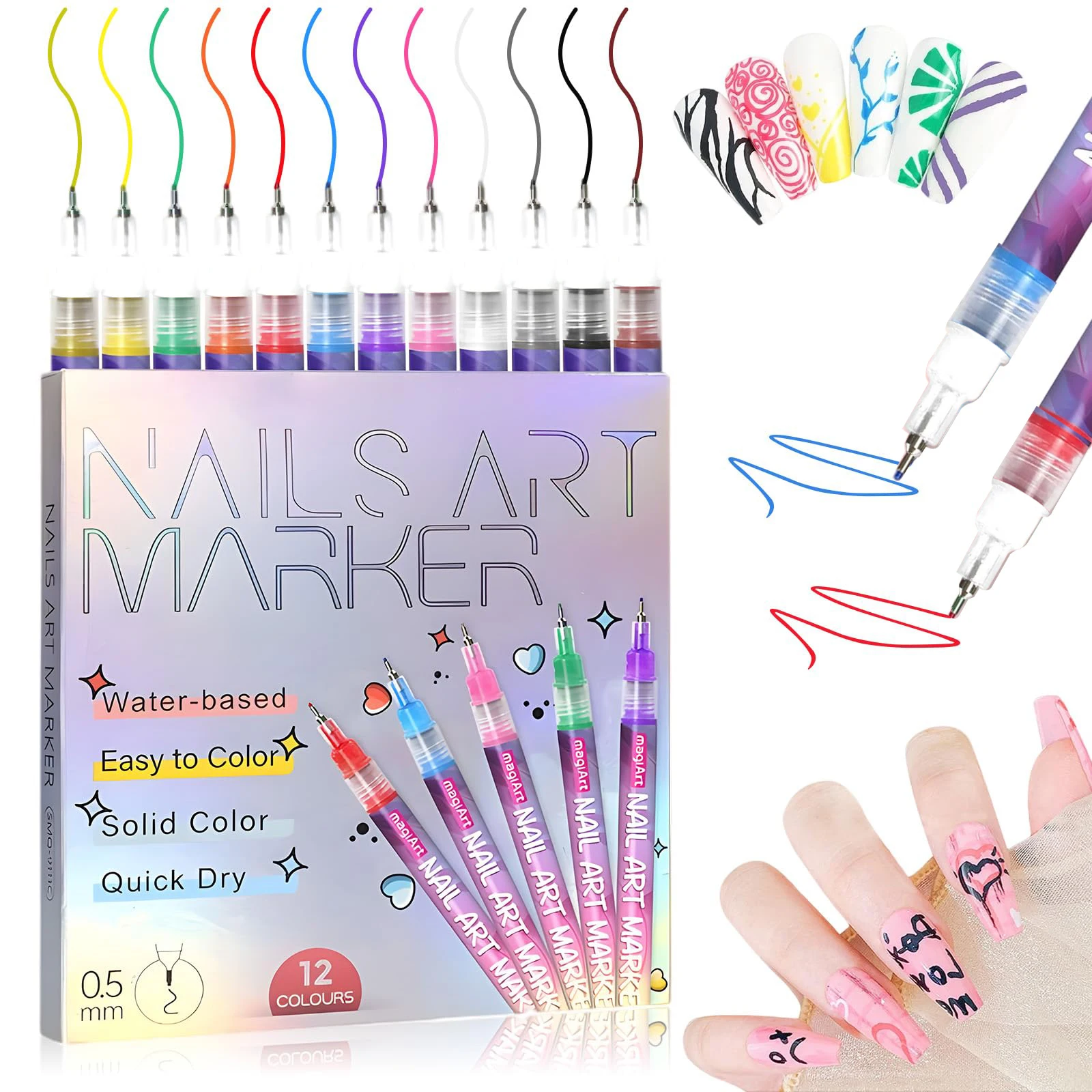 

12 Colors Nail Art Marker Set 0.5MM Fine Tip Liner Acrylic NailKit Waterproof Quick Dry for DIY Drawing Painting Design
