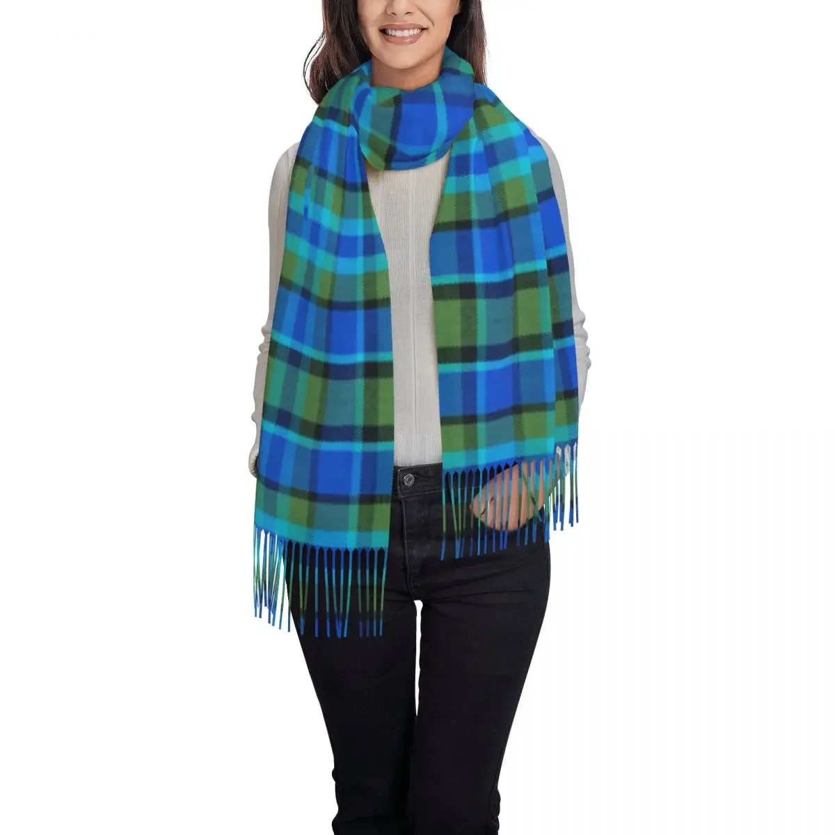 Westy Tartan Blue Plaid Tassel Scarf Women Soft Geometric Gingham Shawl Wrap Ladies Winter Fall Scarves