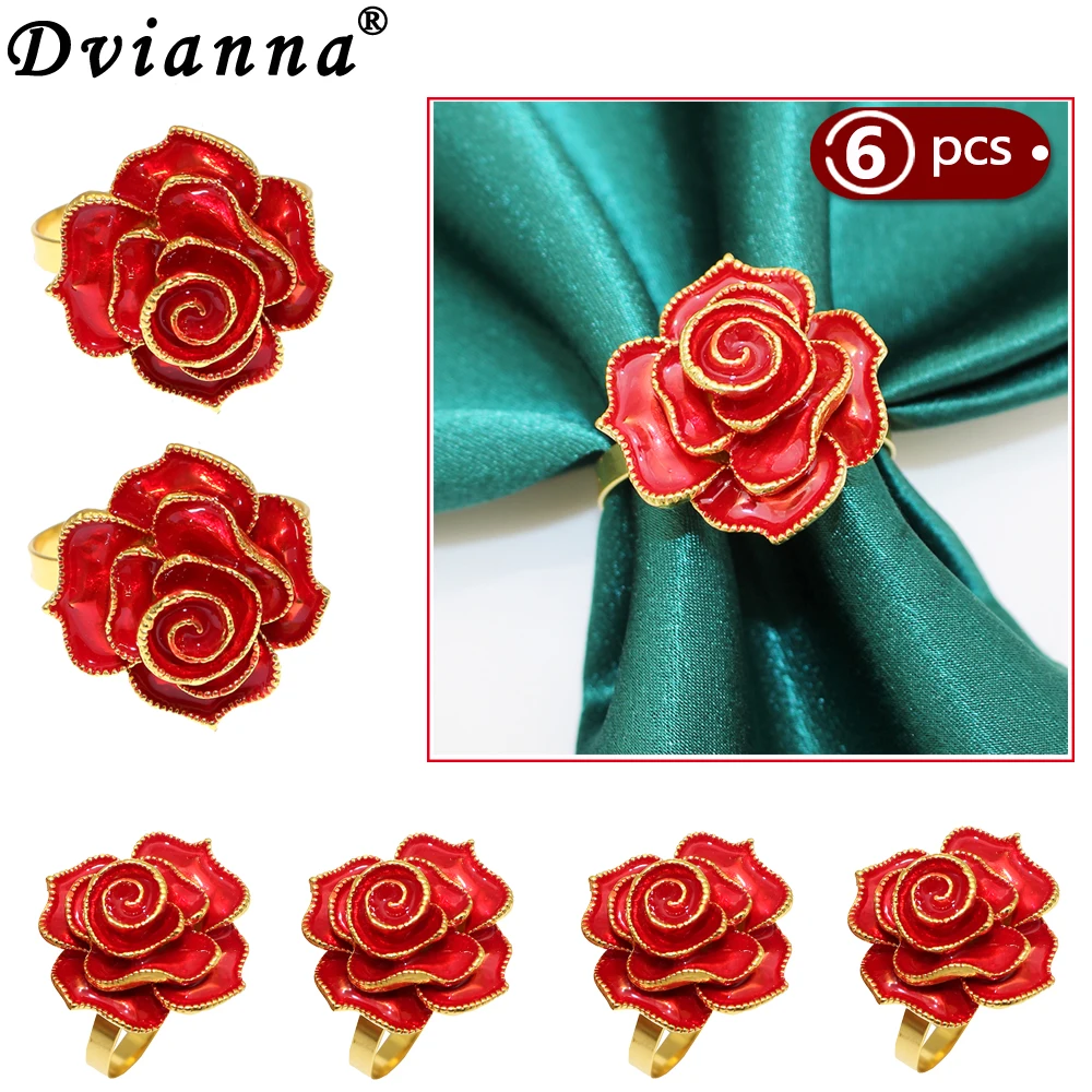 6Pcs Red Napkin Rings Flower Rose Napkin Holder Rings Buckles for Table Decoration Wedding Valentine’s Christmas Easter Decor