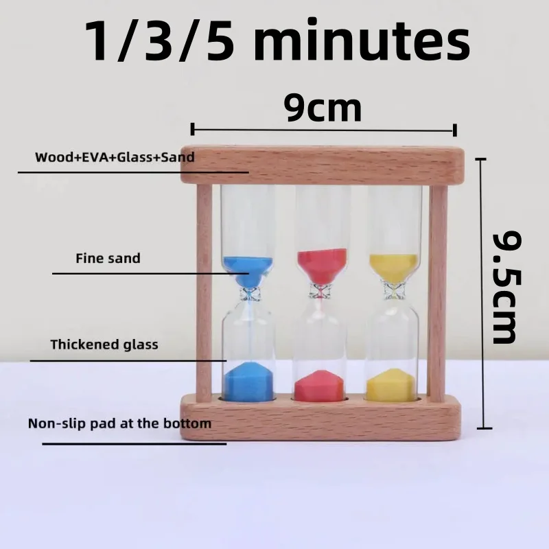 1/3/5 Minutes Three-in-one Hourglass Handmade Wooden Glass Sandglass Tooth Brushing Timer Anti Fall Sand Clock Home Decorations