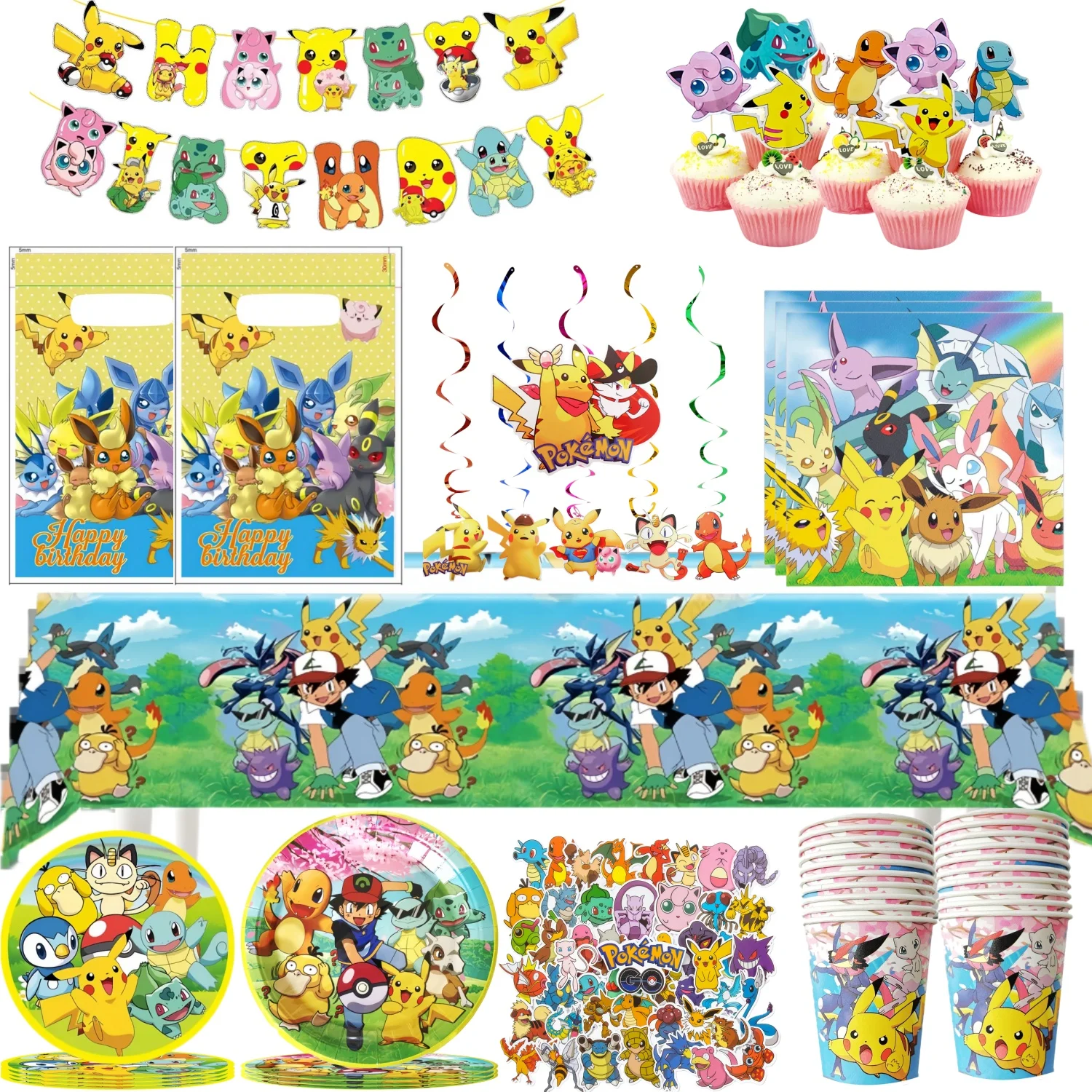 

Pokemon Party Birthday Kit Pikachu Birthday Decoration Set Tablecloth Cups Plates Gift bags Napkin Children Pokemon Party Favor