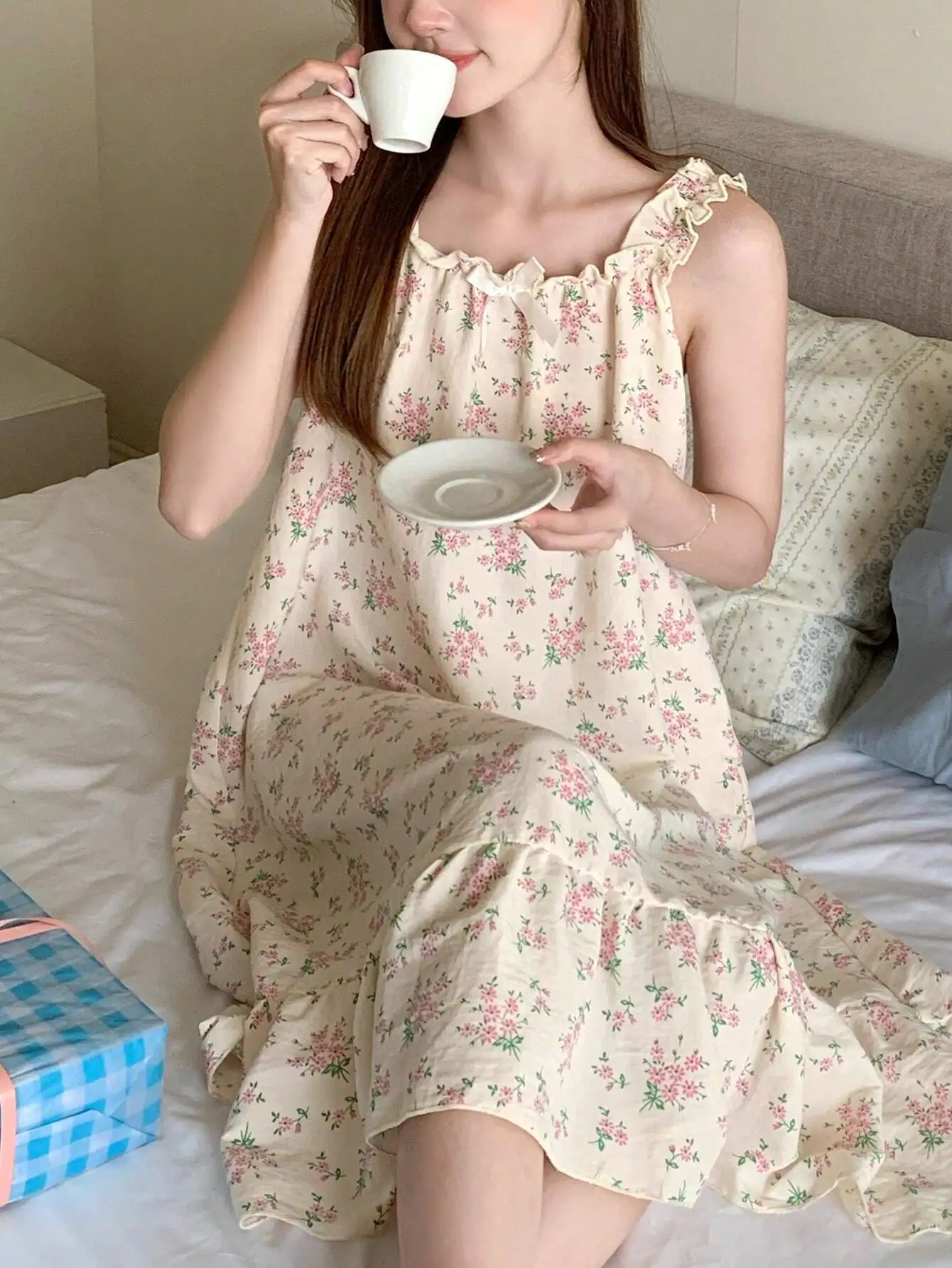 

Floral Print Ruffled Camisole Nightgown for Women, Soft Cotton Sleep Dress