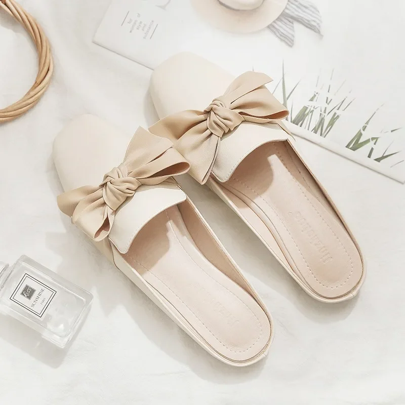 2024 Luxury Woman Mules Summer Close Toe Women Slippers Bowtie Lazy Slides Flat Heel Girl Slippers Korean Outdoor Flip Flops