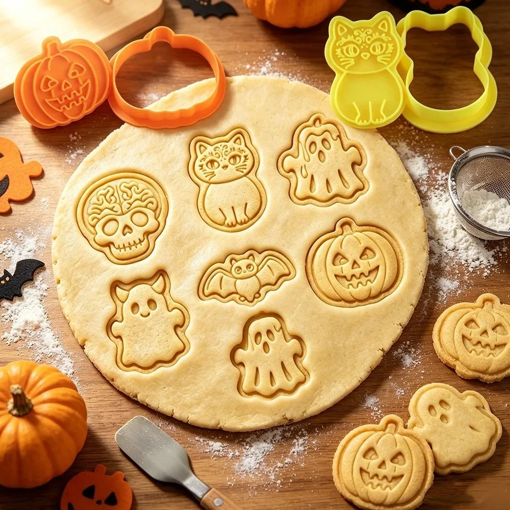 3D Cartoon Ghost Pressing Cookie Mold Mini Plastic Pumpkin Emboss Cookie Stamp Non-Stick Bat Fondant Molds Festive