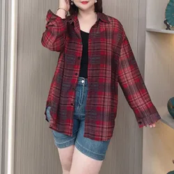 Red Plaid Shirt Women Summer Long Sleeve Sun Protection Clothes Plus Size Loose Casual Outside With Blouses