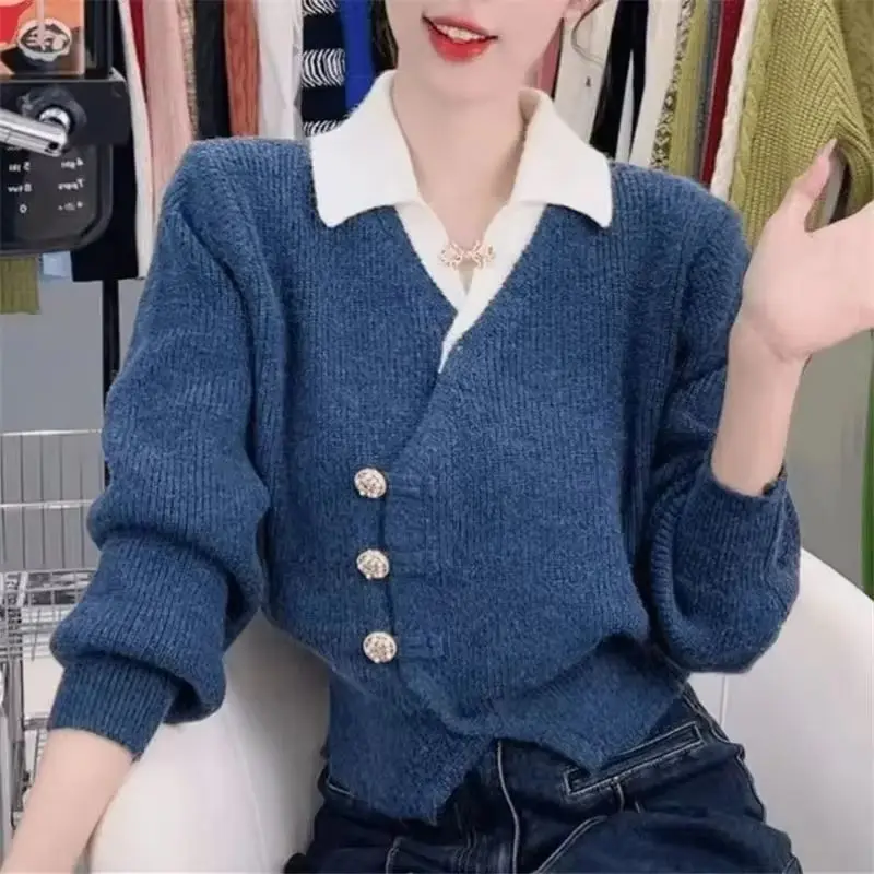 

New Two Pieces Stitching Knit Sweater Cardigan Women Autumn Winter Temperament Casual Knitted Female Knitwear Sweater Tops