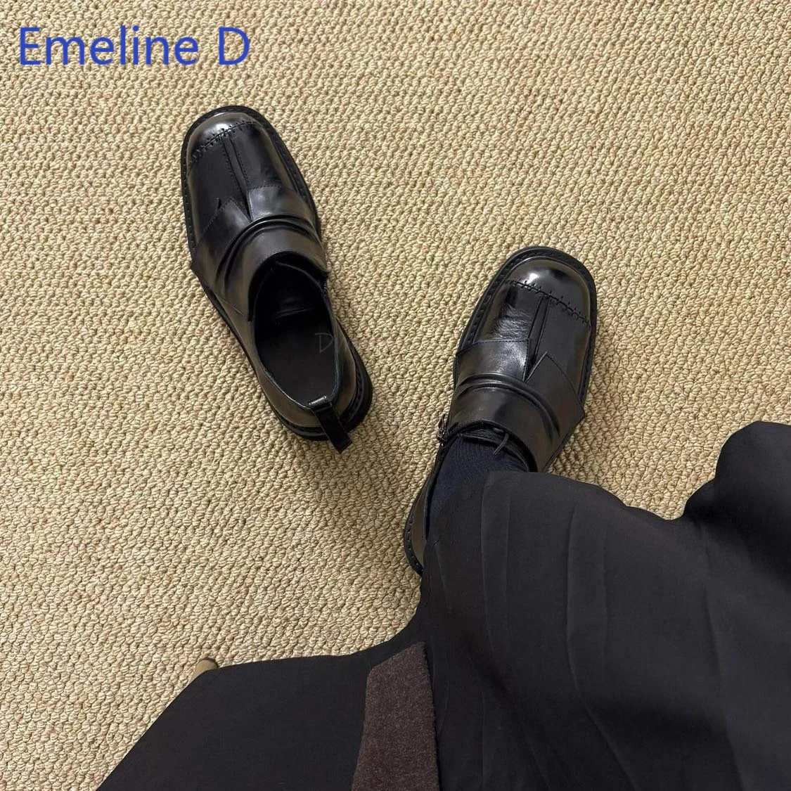 Men Platform Dress Shoes Round Toe Glossy Leather Upper Side Zipper Strap Design Thick Sole Hand Stitching Daily Fashion Shoes