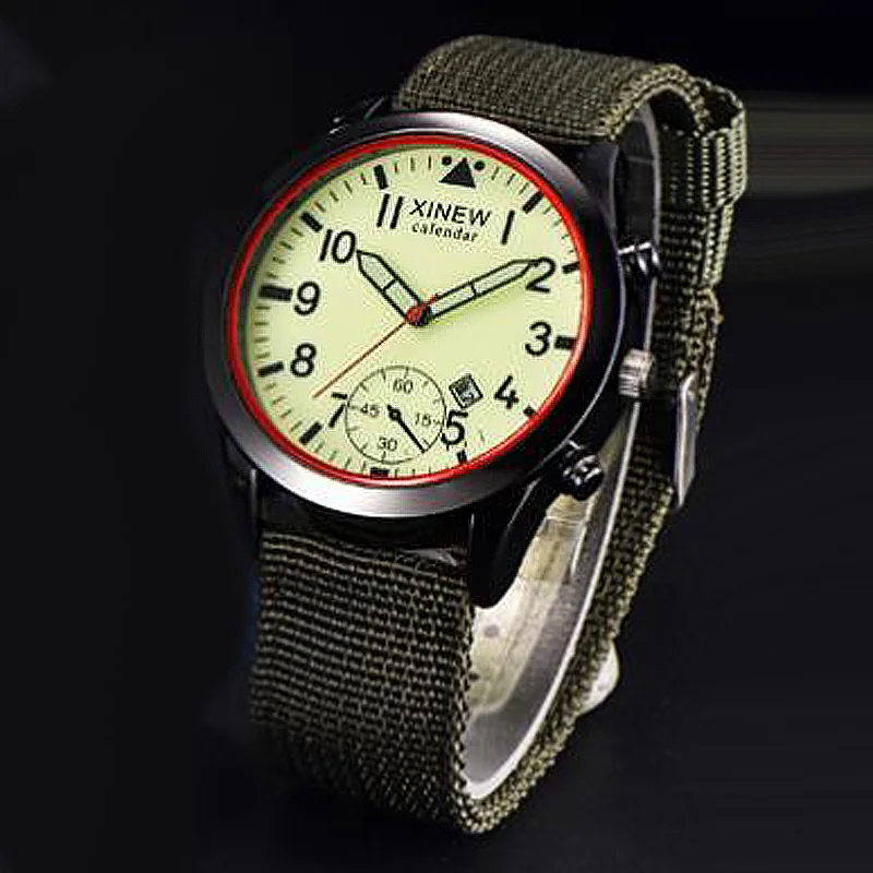 

XINEW Fashion Sport Watches Men Glow Luminous Calendar Quartz Wristwatches Men Green Nylon Military Watches Reloj Hombre