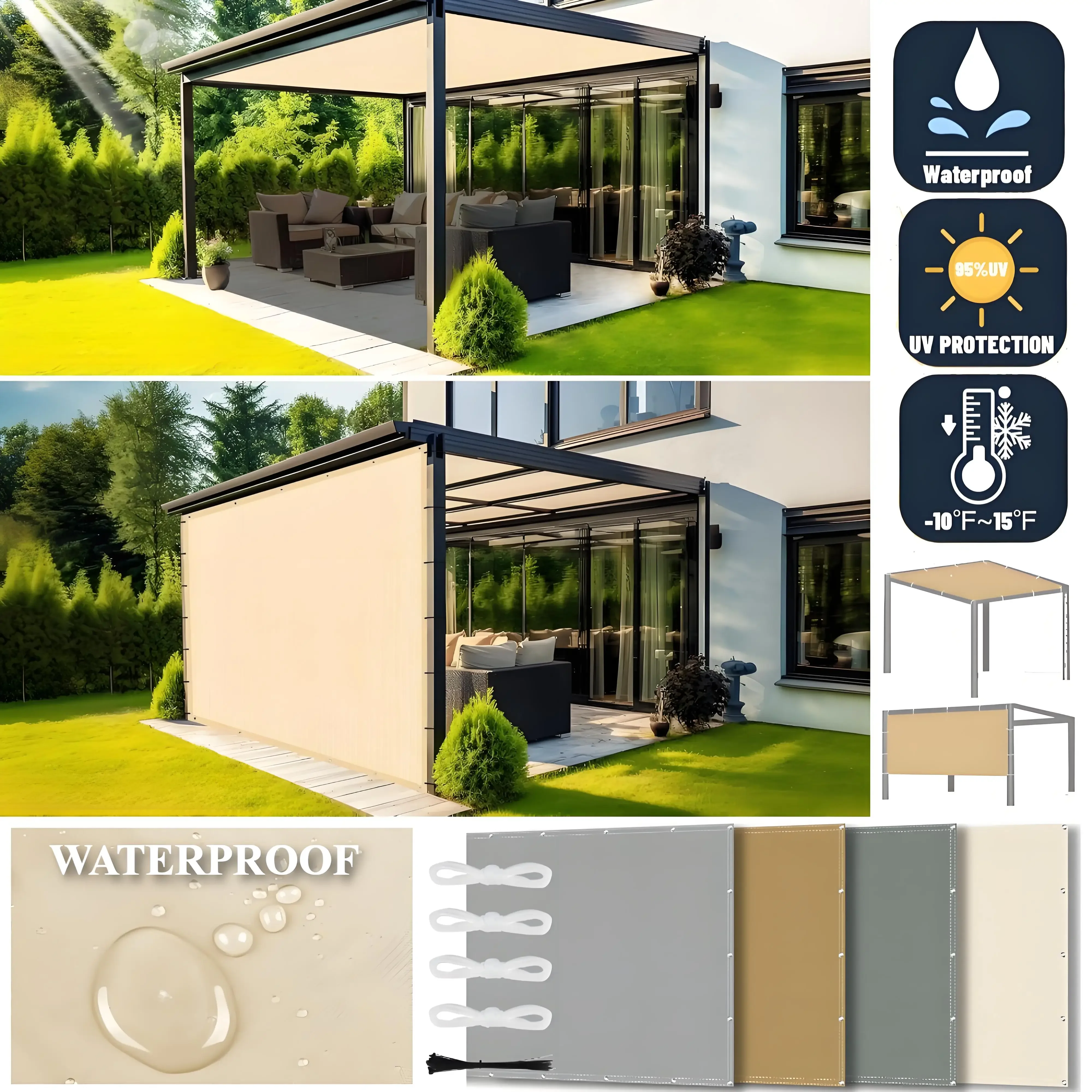 

Waterproof Awning 95%Block Shade Sail Garden Privacy Screen Car Canvas Pergola Cover Canopy-Shelter Sunshade Sail