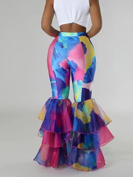 Women High Waist Flare Pants Tie Dye Print Retro Mesh Ruffles Leggings Sweatpants Summer Fashion Trousers for Female 2026 New 3
