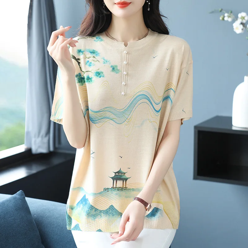 

Chinese Style Print Knitted T Shirt Women 2024 Summer Clothes For Women Pullovers Tees Top Loose Women's T-shirt