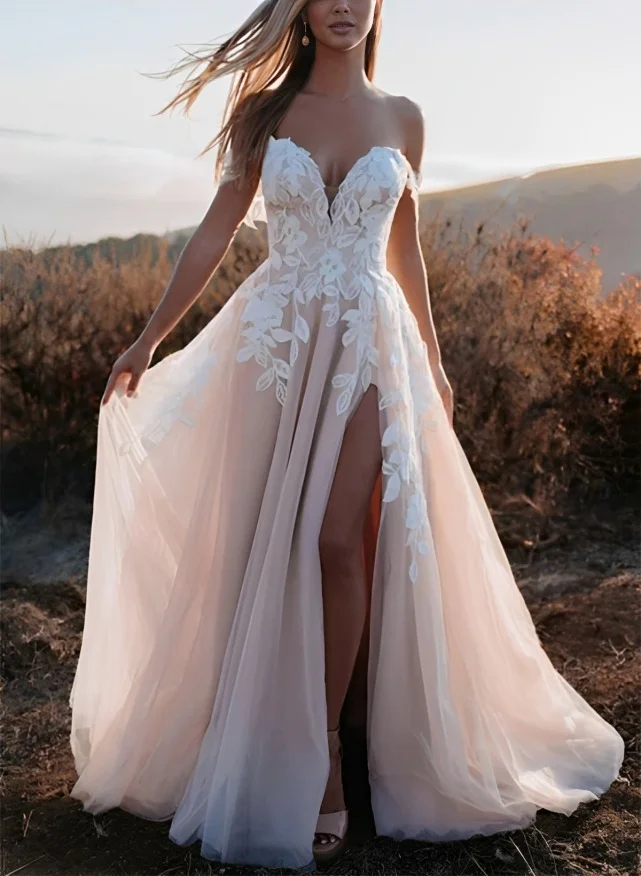 

Customized New Elegant Chiffon Applique Ivory Wedding Dress Sexy Sleeveless Sweetheart Backless Side-Slit Bridal Party Dress