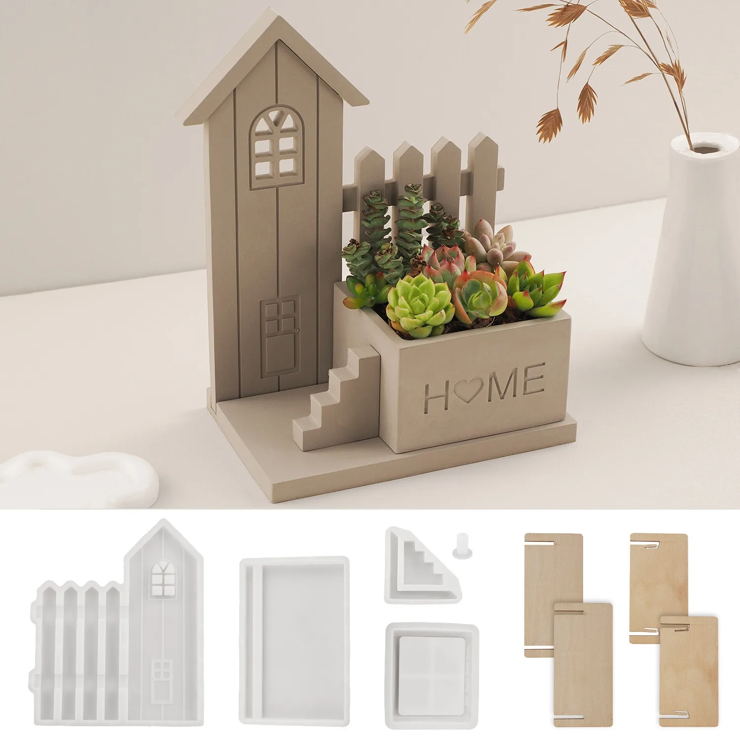 House Fence Succulent Planter Plaster Silicone Mold DIY Crafts Jewelry Storage Resin Mold Desktop Decoration Home Decoration