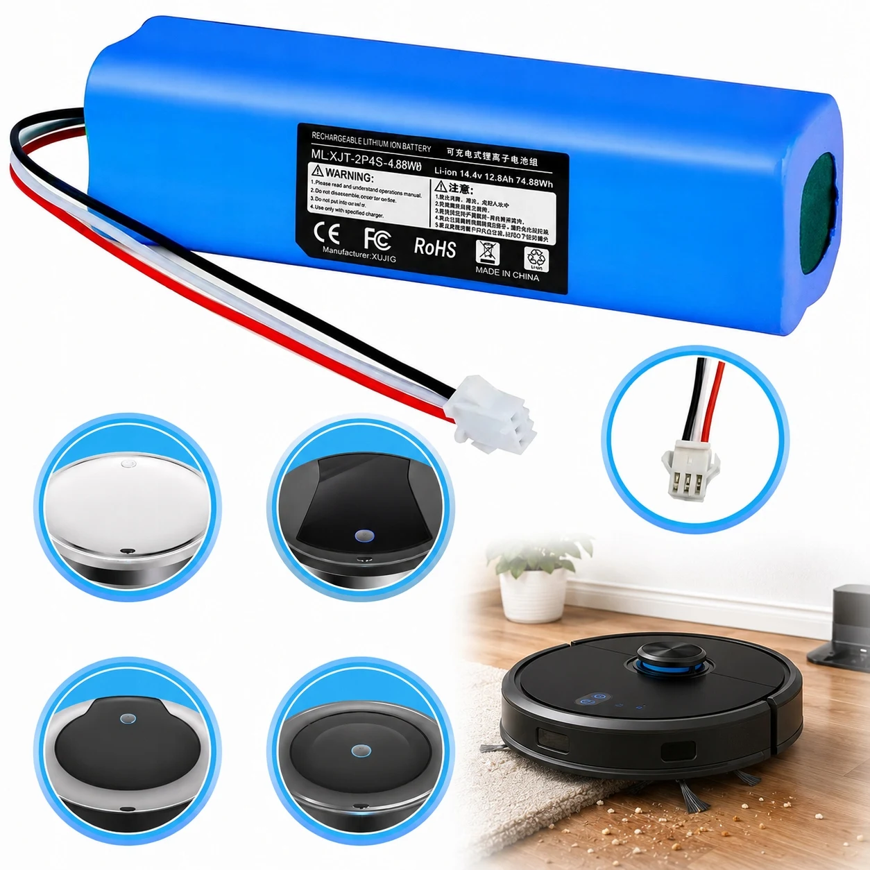 14,4 V 6000 mAh Akku für Proscenic M7 M8 Pro, Li-Ionen-Ersatz für Roidmi Eve Plus Viomi V980 Lydsto R1 Staubsauger