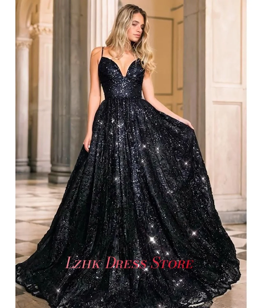 Vestido de noche personalizado de Organza Sexy, corte en A, tirantes finos, apliques de lentejuelas, vestidos de fiesta sin mangas con cuello en V de alta calidad