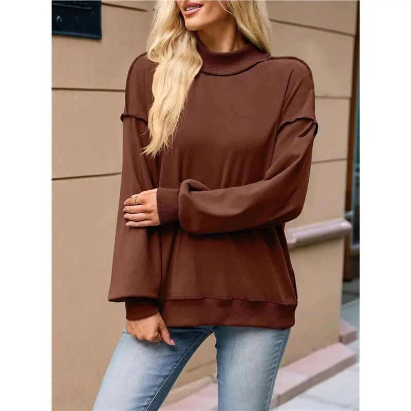 Women's Solid Mock Neck Raw Edge Loose Long Sleeve Sweatshirt Dark Red XL Eco-Friendly