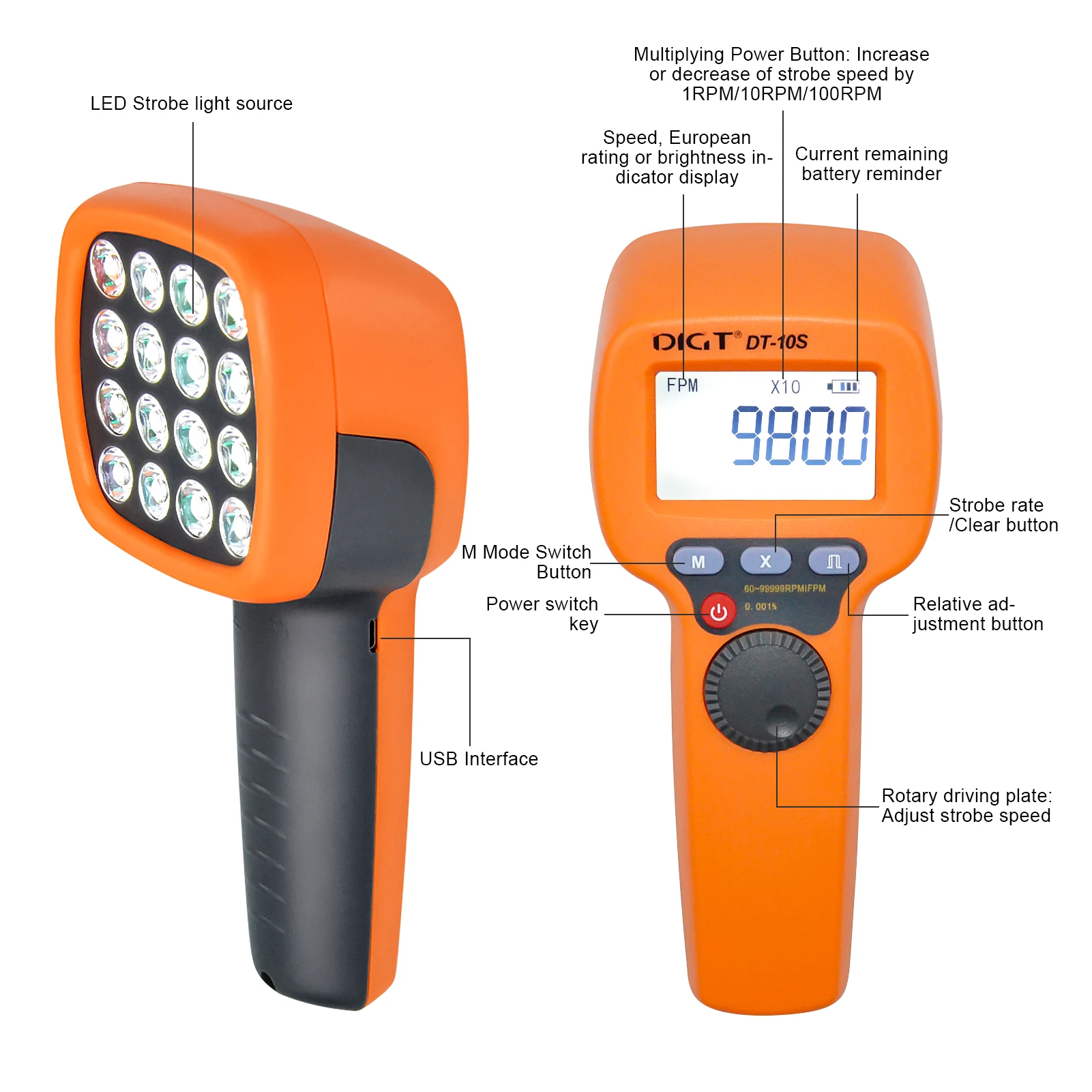 Imagem -02 - Estroboscópio Handheld de Digitas Bt-dt10s Tacômetro do Estroboscópio do Flash do Diodo Emissor de Luz Verificador da Velocidade Velocidade de Rotação da Impressão da Engrenagem do Não-contato Analyz