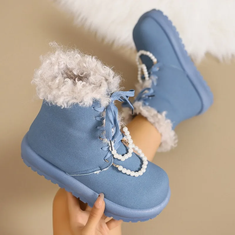 Winter New Round Toe Pearl Chain Solid Color Women;s Snow Boots 2026 Fashion Simple Lace Up Warm Comfort Outdoor Boots for Women