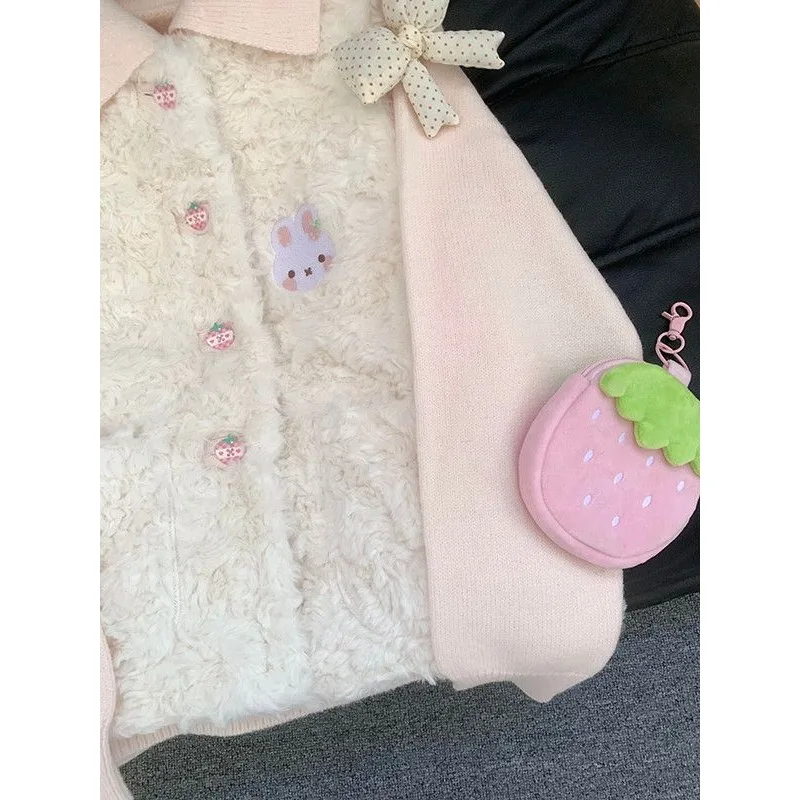 Sweet Kawaii 2 Piece Set Women Floral Print Double Sided Soft Fuzzy Vest Pink Knit Cardigan Bow Patch Slim Fit Casual Daily New