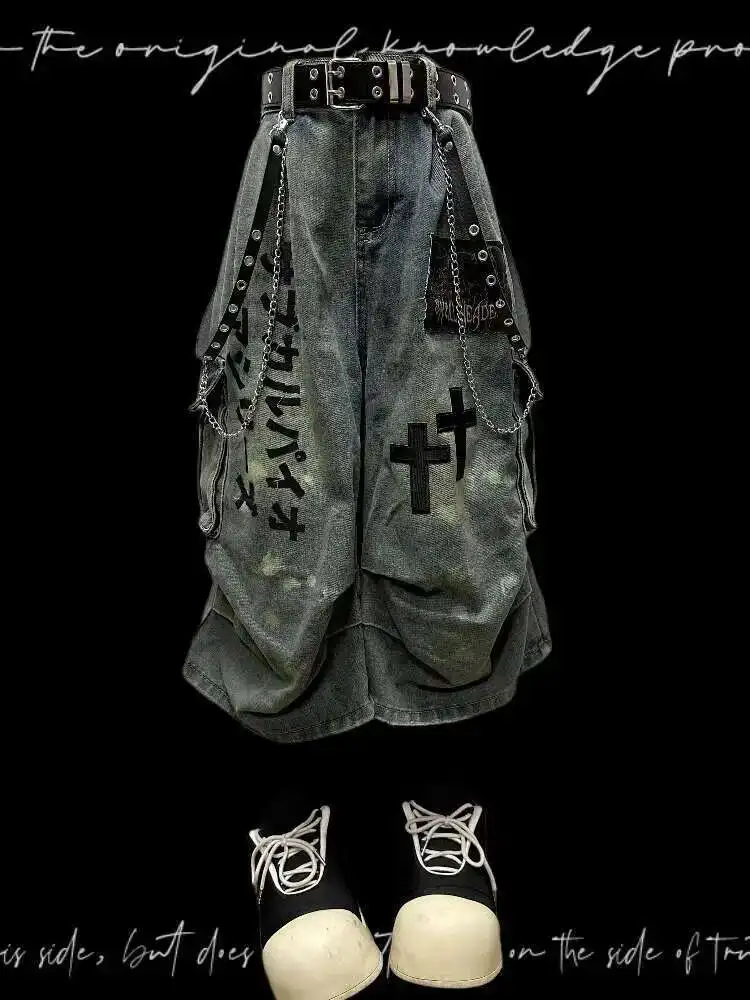 Gothic Punk Women Dark Seven Part Crop Jeans For Men And Women Summer Wasteland Style Wrinkled Patchwork Wide Leg Pants