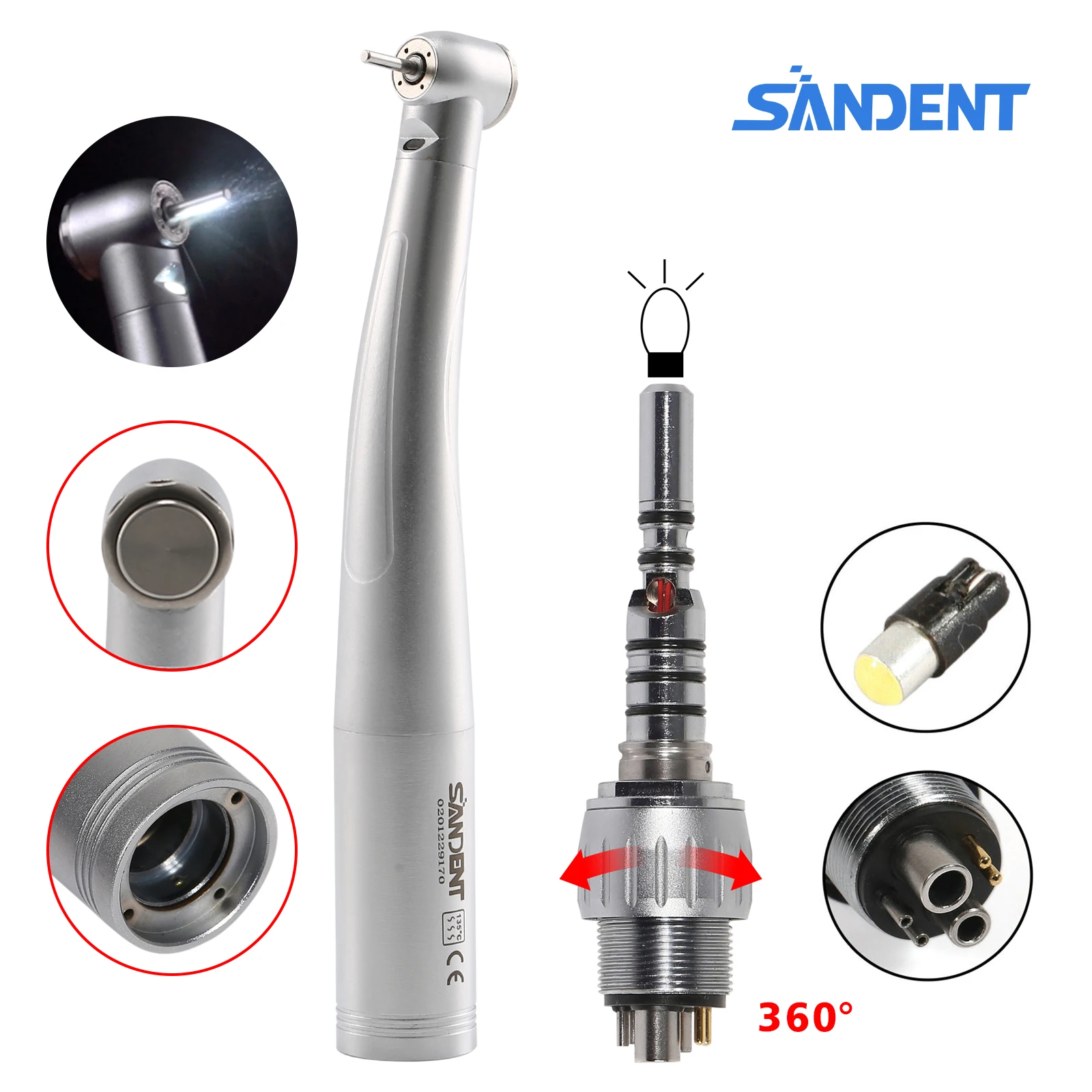 Ceramic Bearing Led Light Dental Fiber Optic Handpiece Stainless Standard Head 4 Water Port Spray Fit the 6 Hole KAVO Multiflex