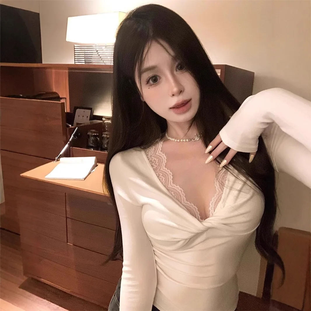 Sexy Knotted V-Neck Long Sleeve T-Shirt Women Lace Splice Slim Fit Short Base Shirt Sweet Style Ultra Thin Chinese Made