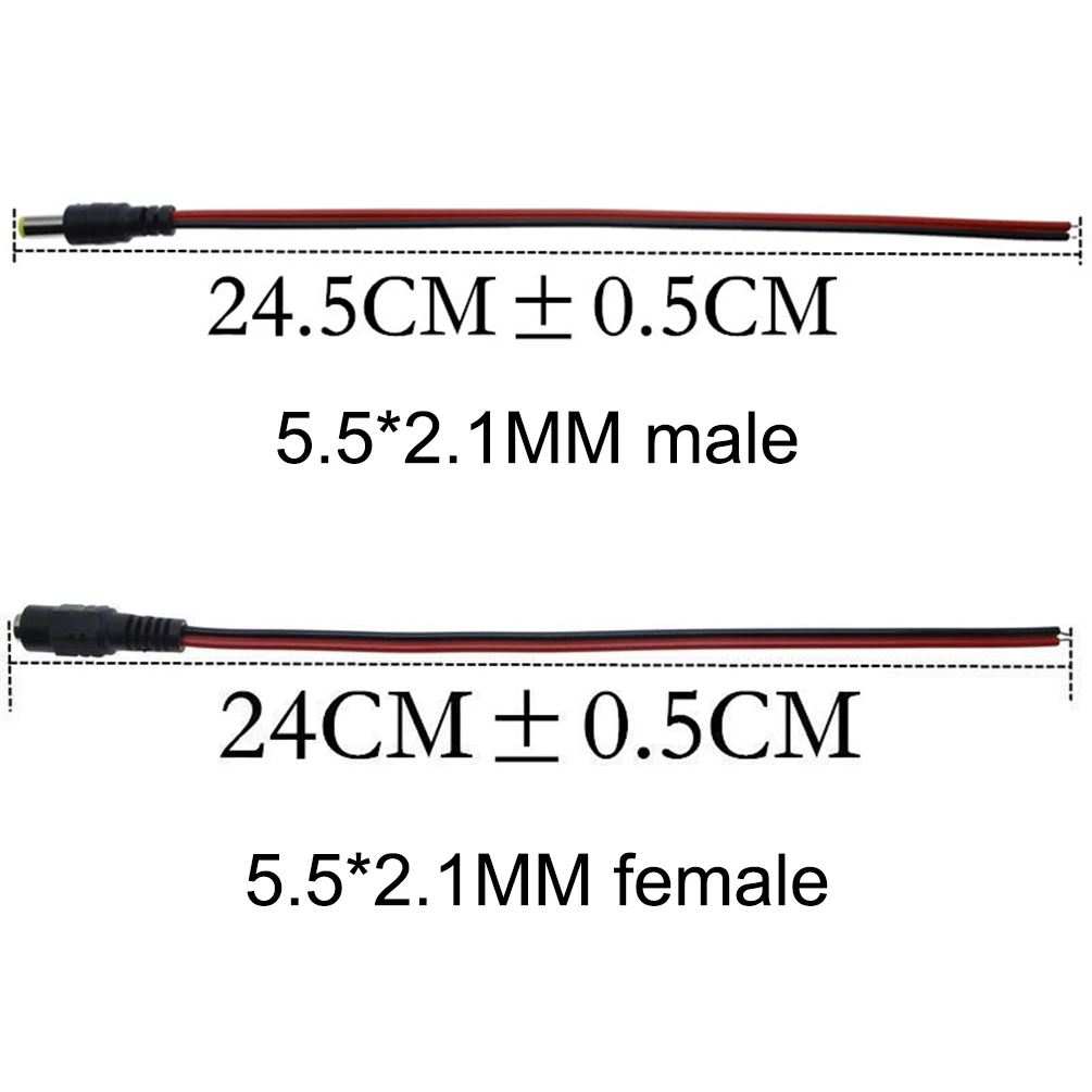 10pcs 5.5x2.1mm DC Power Pigtail Cables - Pure Copper, 24.5cm Long, 12V/24V Compatible for CCTV & Electronics