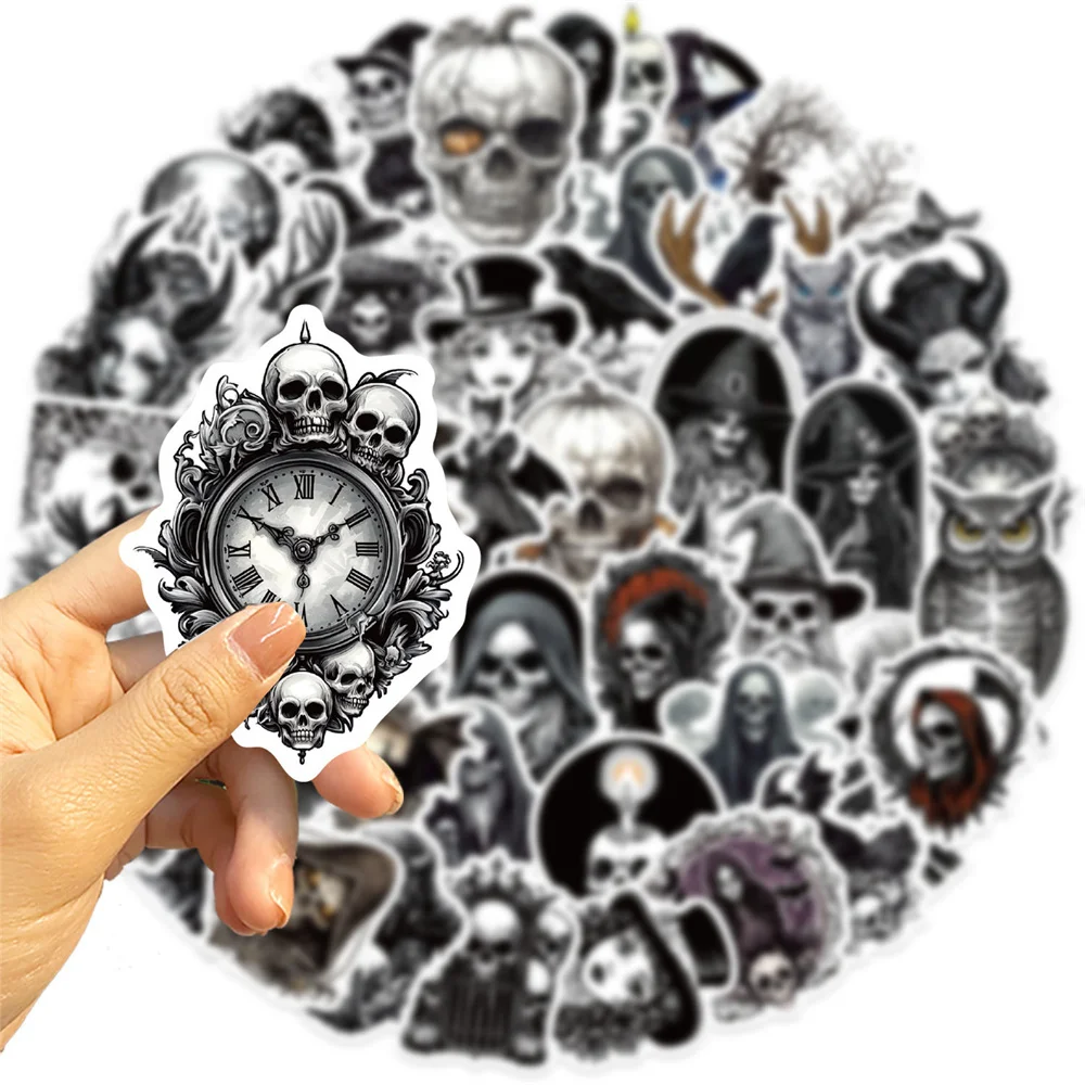 50pcs Cartoon Black and white Gothic Skull Stickers Pack Suitcase Phone DIY Sticker Scrapbooking Supplies Journal Accessories