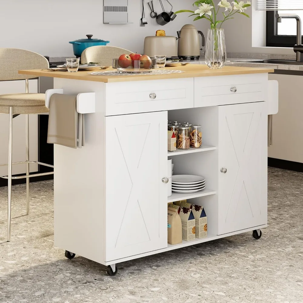 

50 Kitchen Island On Wheels, Rolling Kitchen Island Cart with Drop Leaf and 2 Drawers, Barn Door Kitchen Islands with Storage