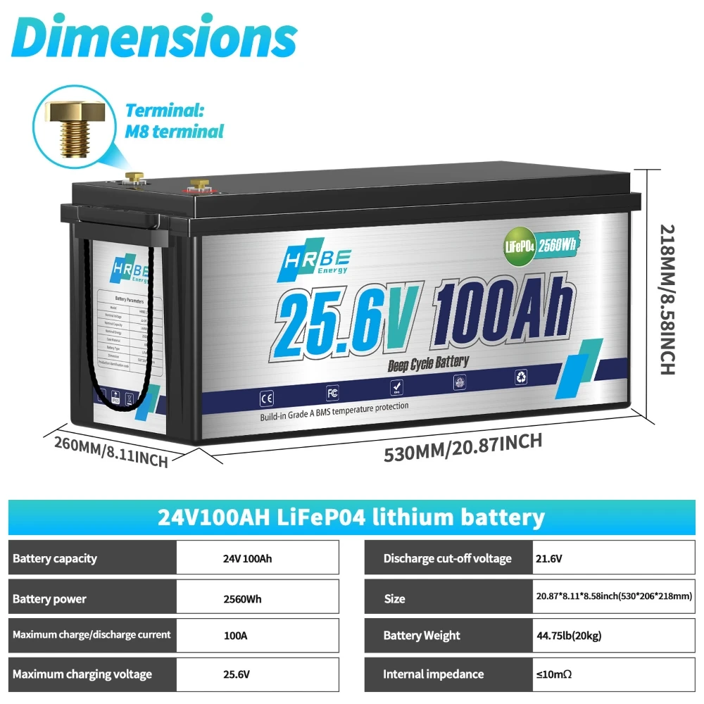 HRBEEnergy 24V 100Ah LiFePO4 Lithium-Akku, Niedertemperaturschutz, Höhere Leistungsausgabeeffizienz, 2560Wh – Detail 1