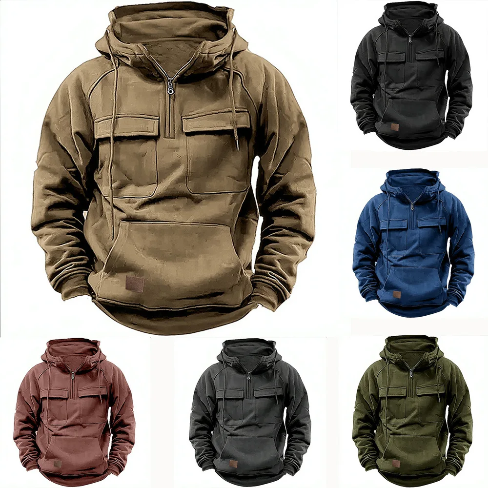 

Spring and Autumn American Retro Hooded Loose Small Sweater for Men Youth Multi Pocket Leather Pullover Coat