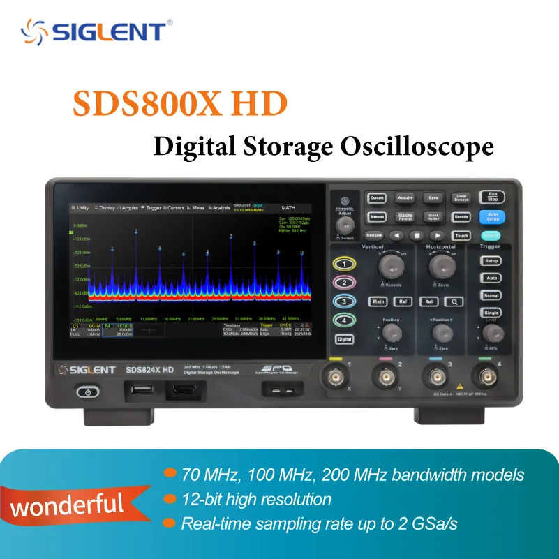Siglent SDS802/804/812/814/822/824X HD راسم الذبذبات عالي الوضوح، دقة 12 بت، 2/4 قنوات، عرض النطاق الترددي 70 ميجا هرتز