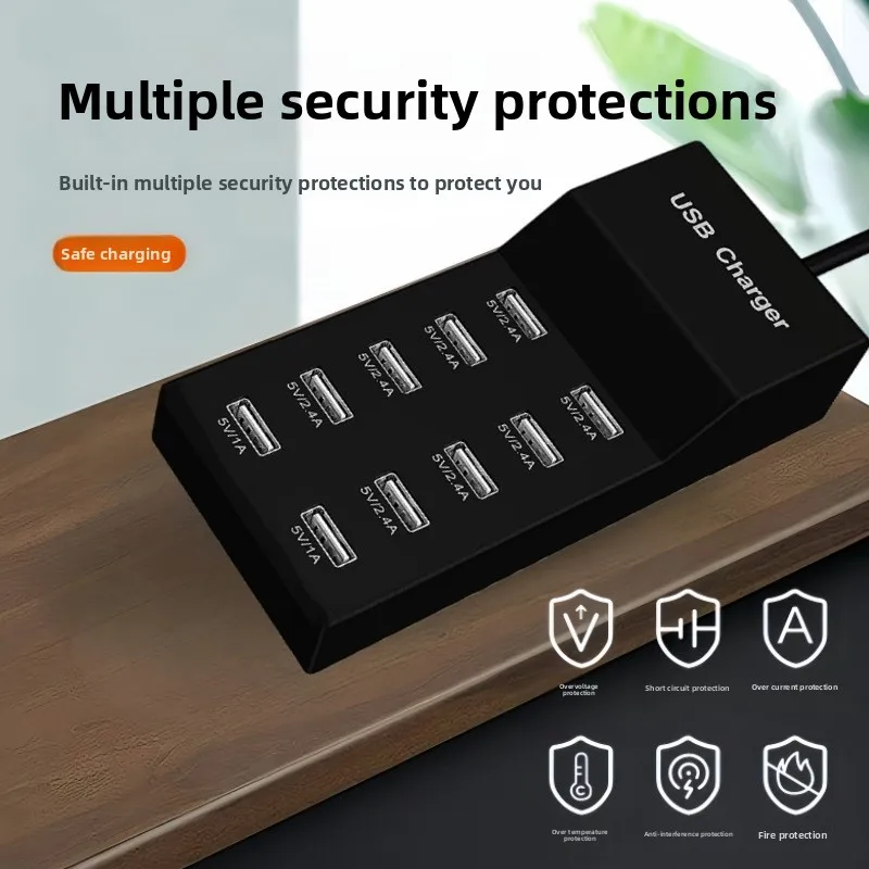 10-Port Multiple USB Charging Station Multi Ports USB Charger Charging for Tablet Laptop Computer