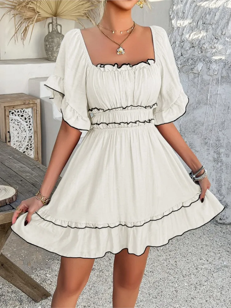 

Summer Casual Holiday Style Simple Solid Color Wooden Ear Short-sleeved Dress Women's Fashion Square Collar High Waist Dresses
