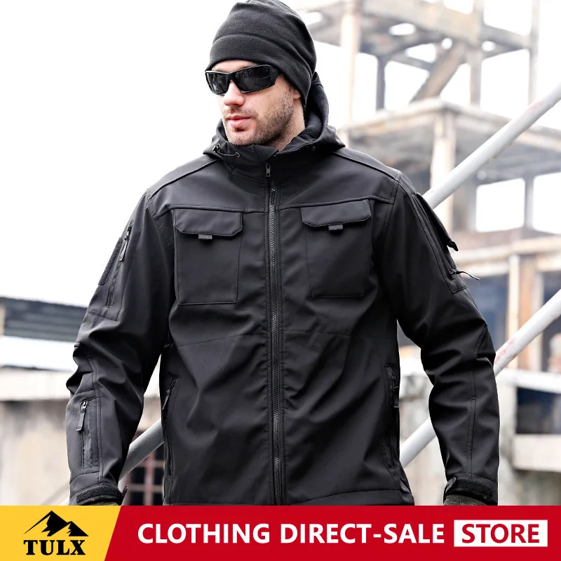 Men Shark Skin Soft Shell Tactical Jacket Thicken Velvet Wear-resistant Hooded Windbreaker Outdoor Hiking Cycling Training Suit