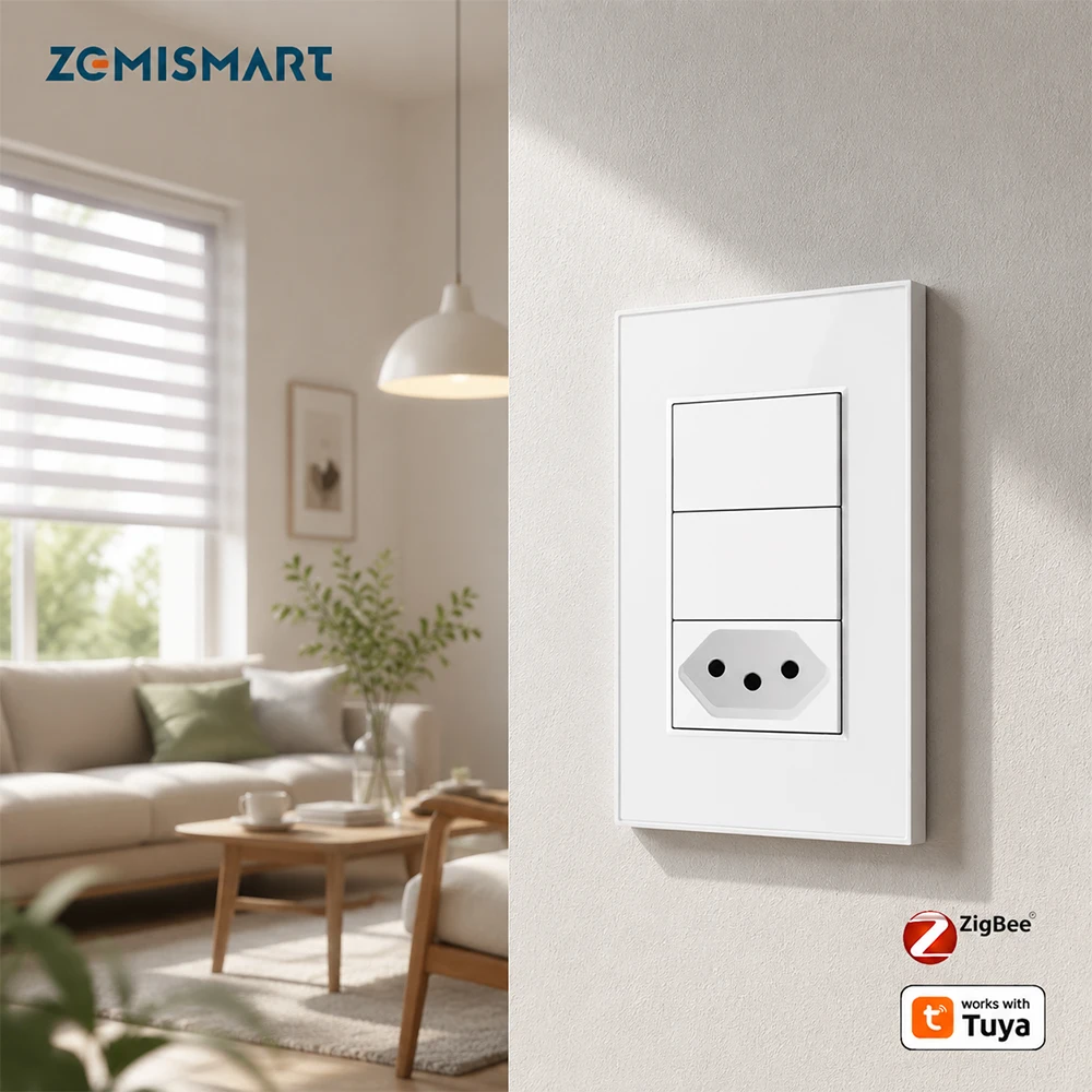Zemismart Smart 2 Gangs Switch with 10A Brazil Socket Zigbee 1 Gang Wall Light Switch Work with Tuya App Alexa Google Home Voice