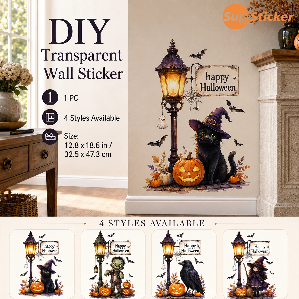 Watercolor Halloween Wall Sticker,Lamp Black Cat Pumpkin Bat Pattern,PVC,Self-Adhesive,Removable,No Residue,DIY Decor for Wall,F