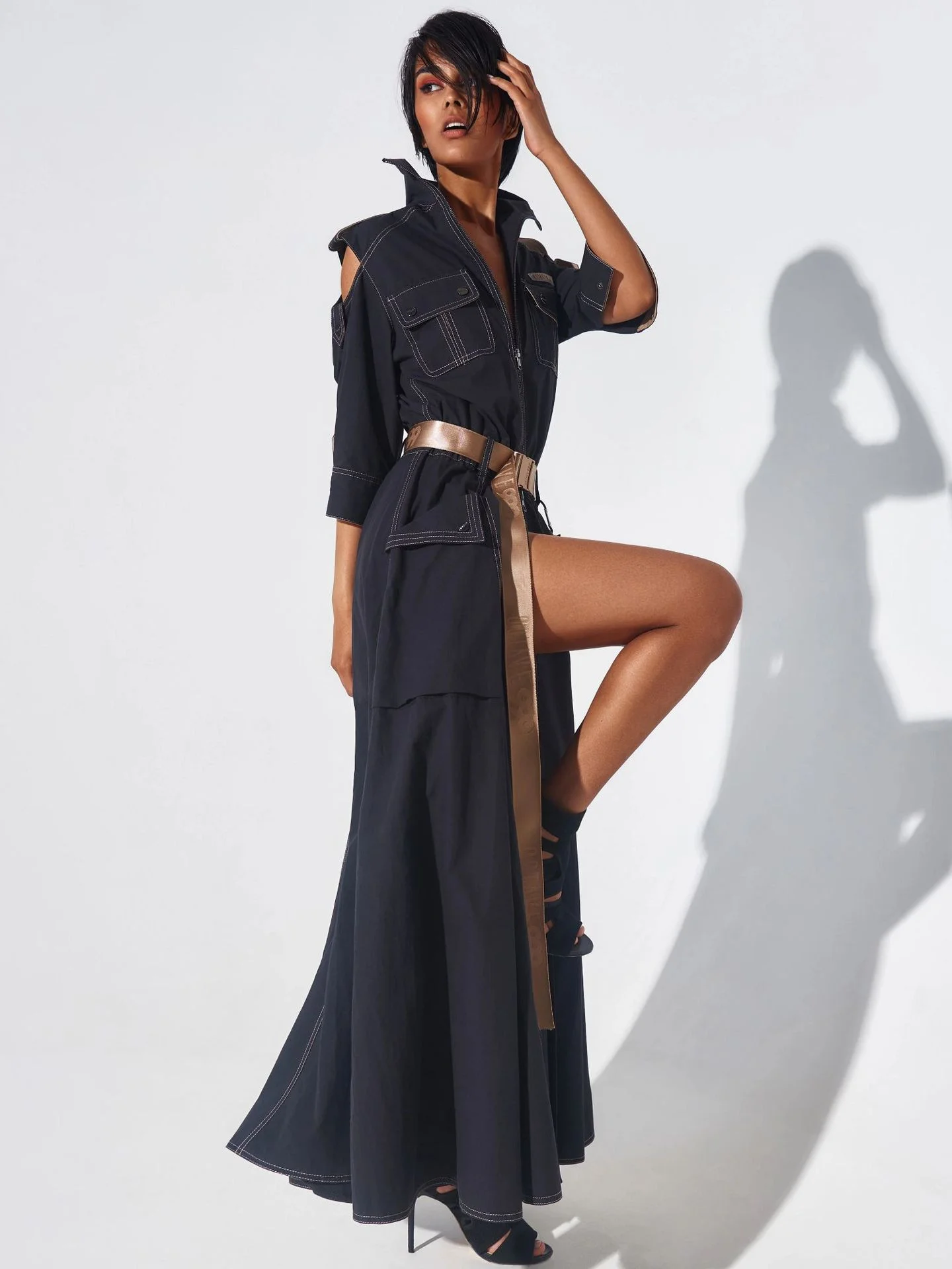 Cargo Dress for Women Vintage Zipper Fly Pockets Vintage High Street Cutout Shoulder Turn Down Collar with Belt Long Dresses