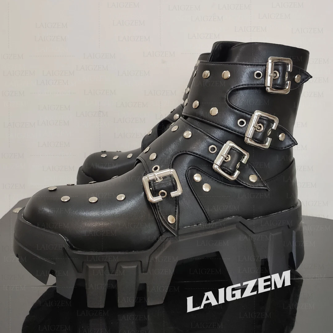 LAIGZEM Women Ankle Boots Shiny/Matt Buckle Straps Round Toe Boots Height Increase Gothic Studded Shoes Woman Big Size 41 43 44